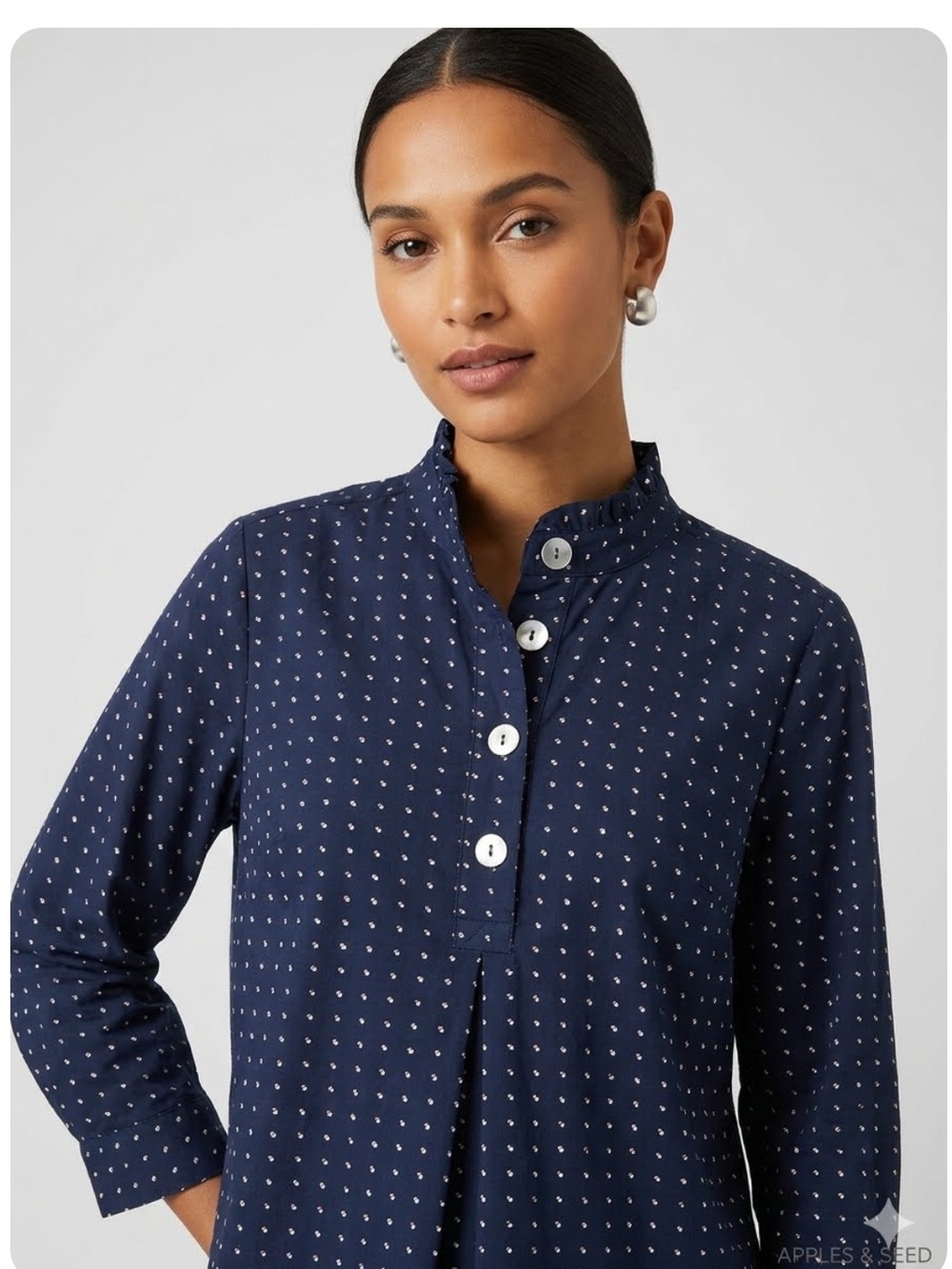 Appleseed's Navy Dot Mandarin-Collar Button Tunic, Size XL